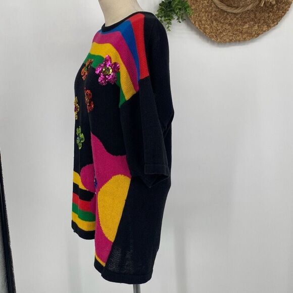Eminent Women's Drop Shoulder Floral Sequin Knit Sweater Dress Tunic Multi L - Picture 2 of 10